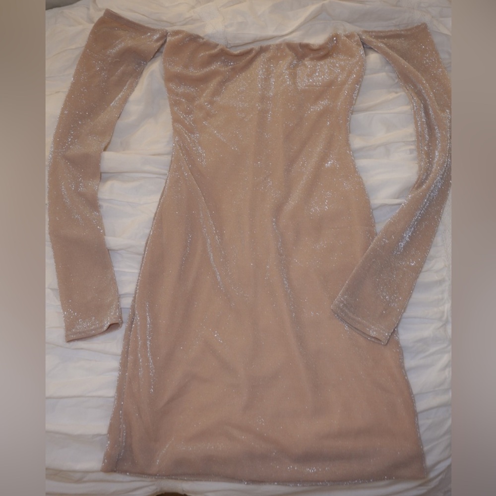 Oh Polly Tan Off-Shoulder Long Sleeve Bodycon Dress